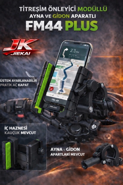 FM-44 PLUS TİTREŞİM MODÜLLÜ MOTOSİKLET TELEFON TUTUCU AYNA VE GİDON APARATLI UNIVERSAL NEON YEŞİL