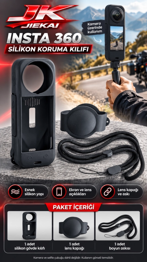 JK JİEKAİ Insta360 Silikon Koruma Kılıfı Seti – Lens Kapağı ve Boyun Askısı Dahil