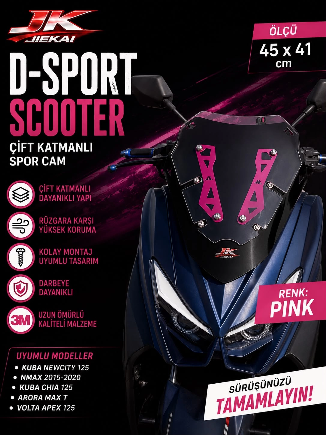 YAMAHA N-MAX 2015-2020 - D-Sport SCOOTER ÖN CAM SPOR CAM (PİNK) ARORA MAX-T UYUMLU