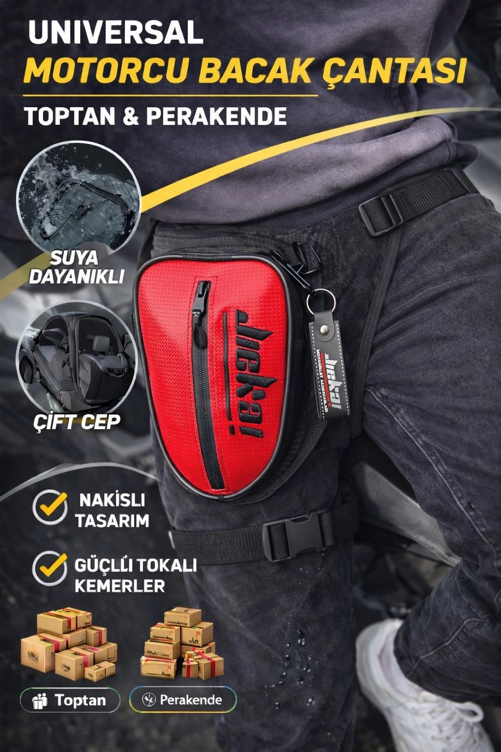 JİEKAİ LB-001 MOTORCU BACAK ÇANTASI * KIRMIZI KARBON KUMAŞ * SİYAH NAKIŞ * ( ANAHTARLIK HEDİYE )