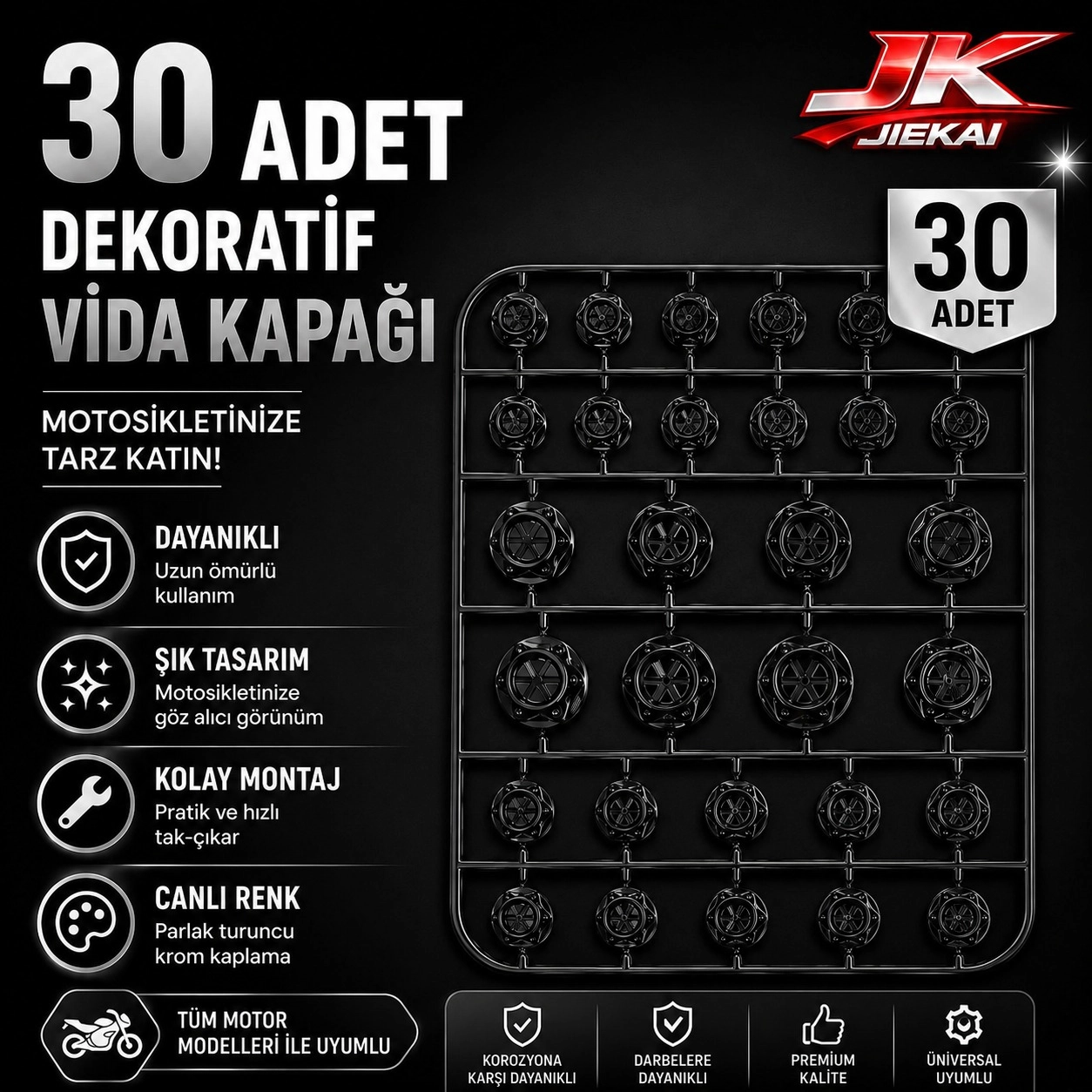MOTOSİKLET DEKORATİF VİDA KAPAĞI 30 PARÇA SET ABS PLASTİK CİVATA SÜS KAPAĞI SİYAH