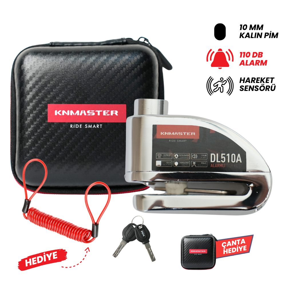 KNMASTER DL510A 10 mm Alarmlı Disk Kilidi | Hatırlatma Kablosu ve Taşıma Çantası Hediye | Silver