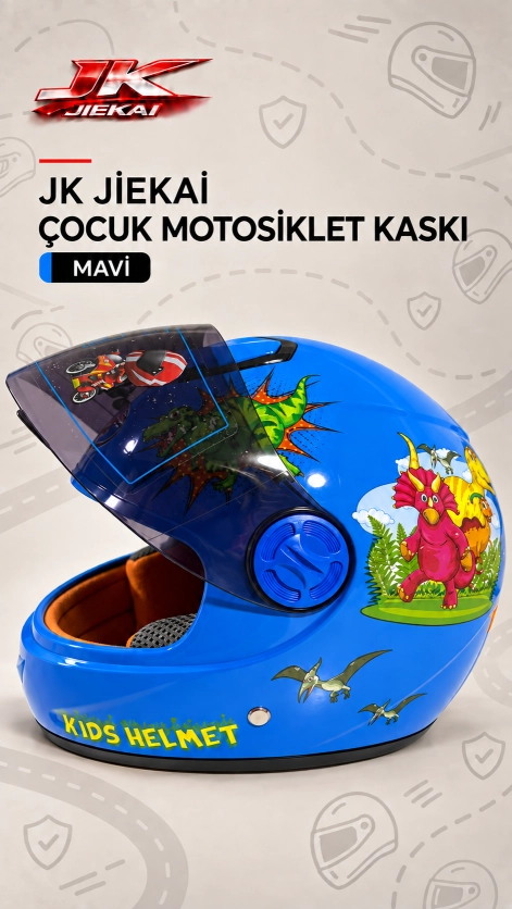 JİEKAİ JK119 Desenli Çocuk Kaskı Full Face  Kask -MAVİ-