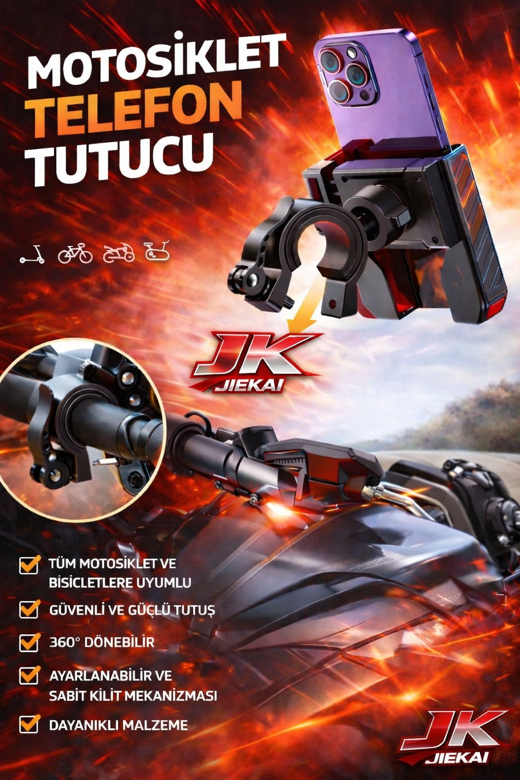 FM-44 MOTOSİKLET TELEFON TUTUCU AYNA VE GİDON APARATLI